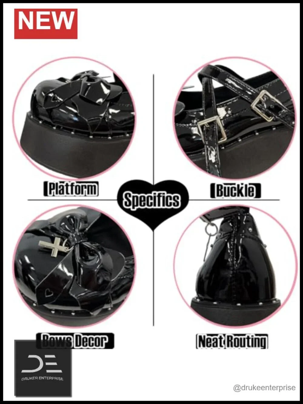 Women Kawaii Gothic Platform Mary Jane Shoes Bows Rivet Chunky Heels PU Leather
